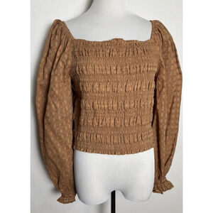 American Eagle Smocked Blouse Size XL Cropped Stretch Puff Sleeve Boho Peasant